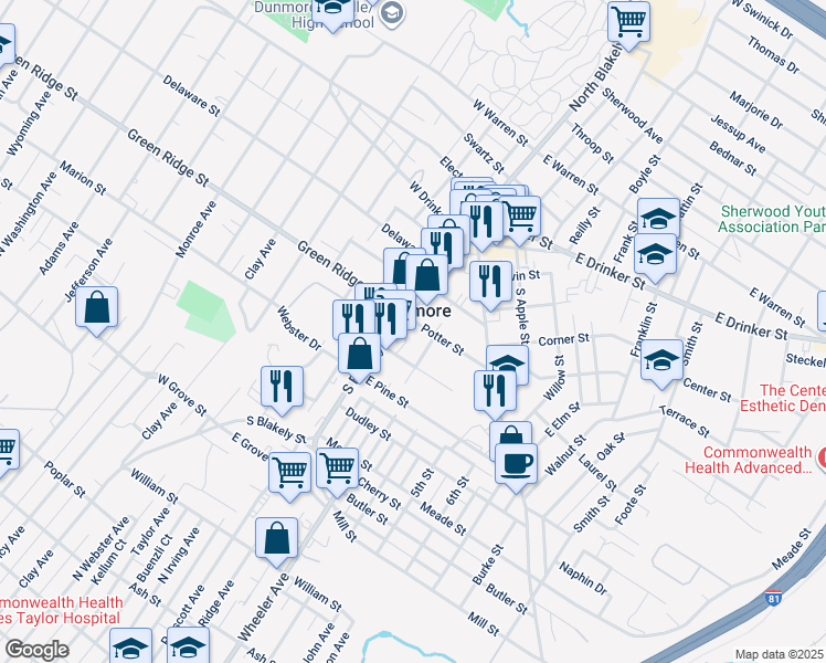 map of restaurants, bars, coffee shops, grocery stores, and more near in Dunmore