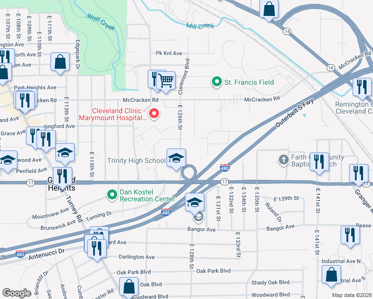 map of restaurants, bars, coffee shops, grocery stores, and more near 5275 East 126th Street in Garfield Heights