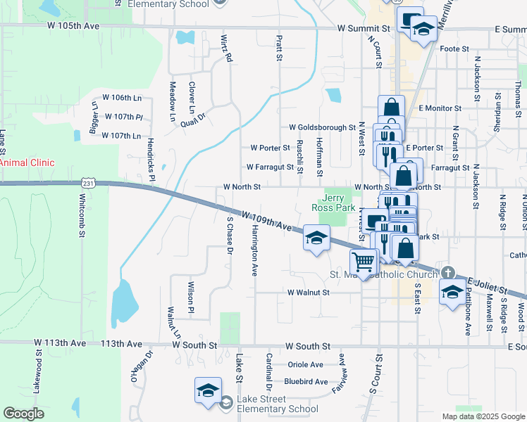 map of restaurants, bars, coffee shops, grocery stores, and more near 610 West Joliet Street in Crown Point