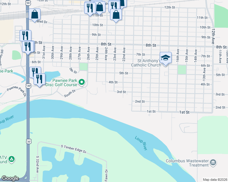 map of restaurants, bars, coffee shops, grocery stores, and more near 300 23rd Avenue in Columbus