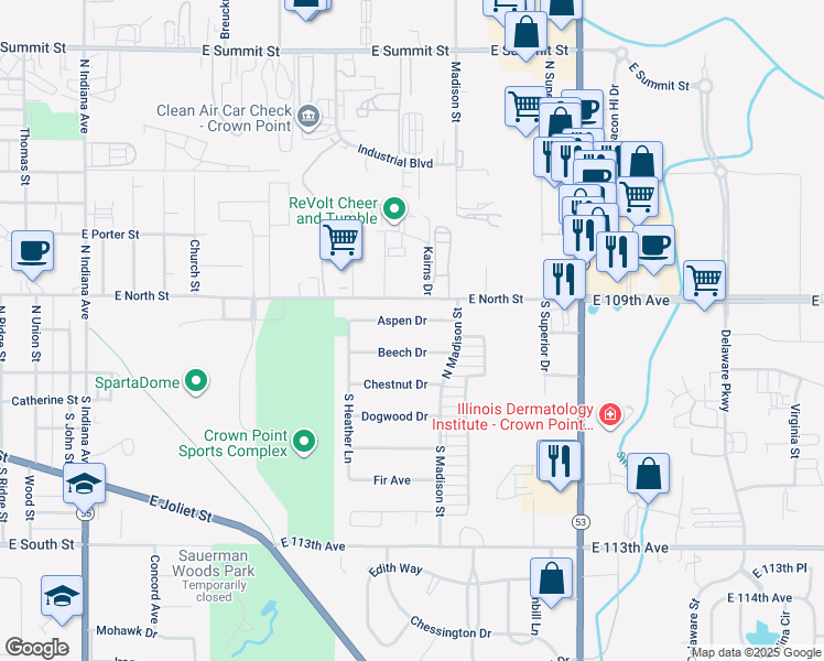 map of restaurants, bars, coffee shops, grocery stores, and more near 1719 Aspen Drive in Crown Point