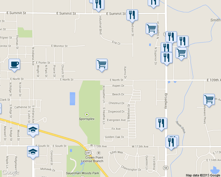 map of restaurants, bars, coffee shops, grocery stores, and more near 1631 Aspen Drive in Crown Point