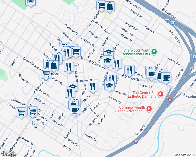 map of restaurants, bars, coffee shops, grocery stores, and more near 419 Corner Street in Dunmore