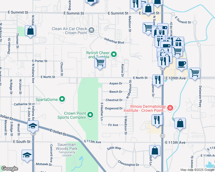 map of restaurants, bars, coffee shops, grocery stores, and more near 1631 Aspen Dr in Crown Point