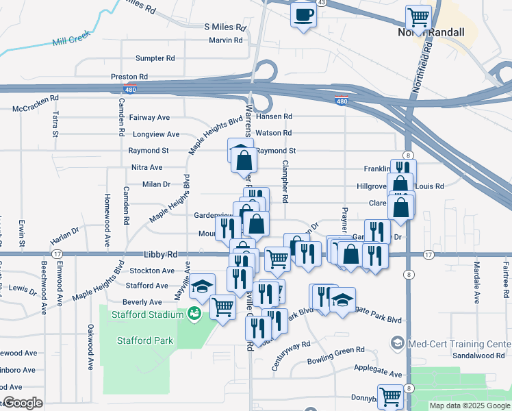 map of restaurants, bars, coffee shops, grocery stores, and more near 5201 Warrensville Center Road in Maple Heights