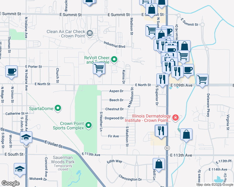 map of restaurants, bars, coffee shops, grocery stores, and more near 1719 Aspen Drive in Crown Point