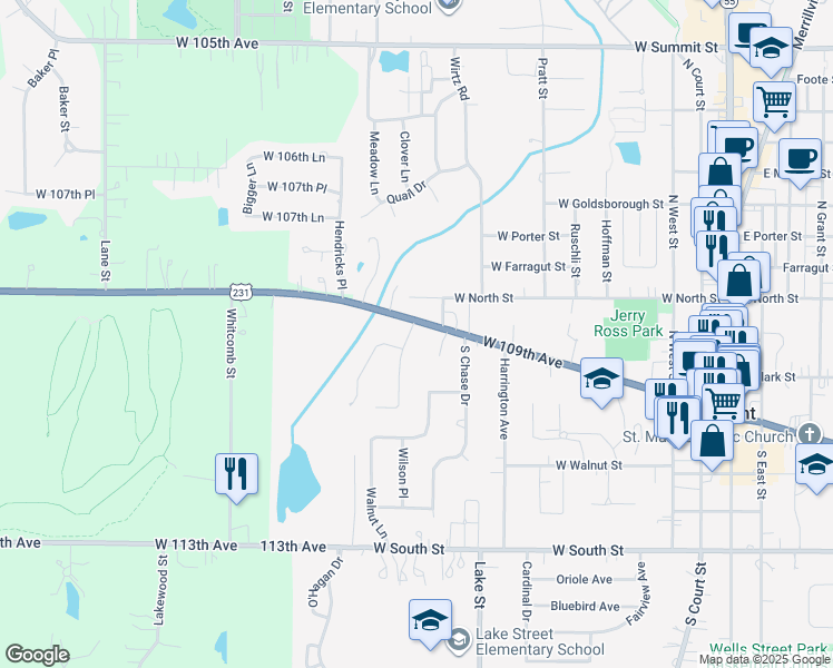 map of restaurants, bars, coffee shops, grocery stores, and more near 104 Tenbrook Dr in Crown Point