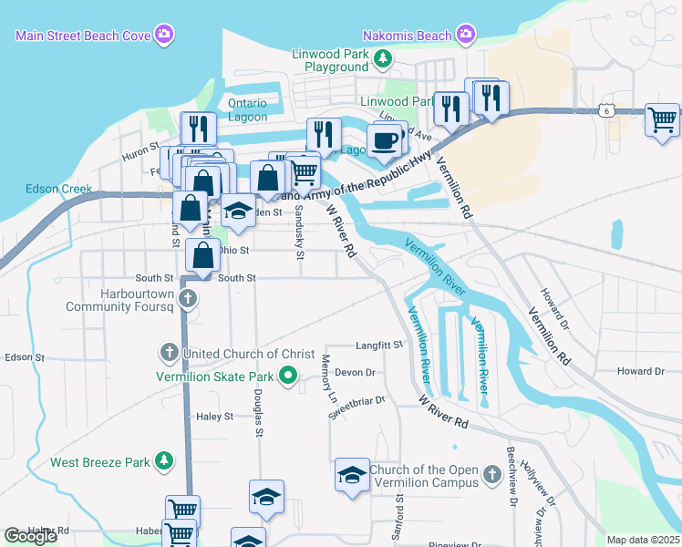 map of restaurants, bars, coffee shops, grocery stores, and more near 778 Short Street in Vermilion