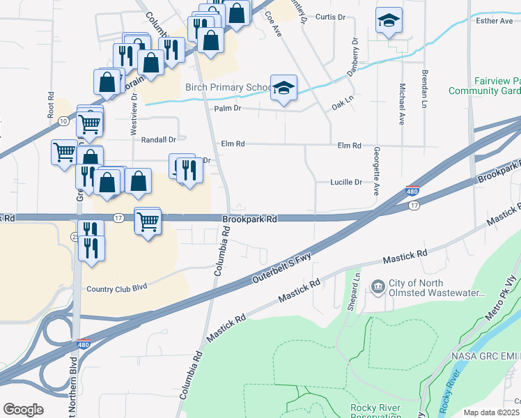 map of restaurants, bars, coffee shops, grocery stores, and more near 4783 Columbia Road in North Olmsted