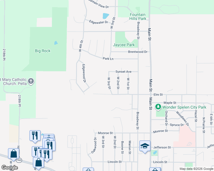 map of restaurants, bars, coffee shops, grocery stores, and more near 1413 West 3rd Street in Pella
