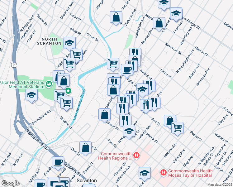 map of restaurants, bars, coffee shops, grocery stores, and more near 932 Capouse Avenue in Scranton