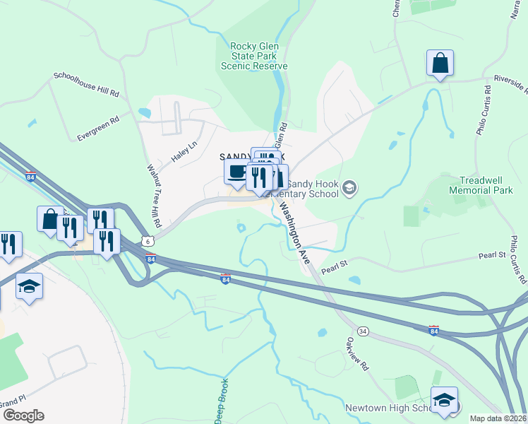 map of restaurants, bars, coffee shops, grocery stores, and more near 110 Church Hill Road in Newtown