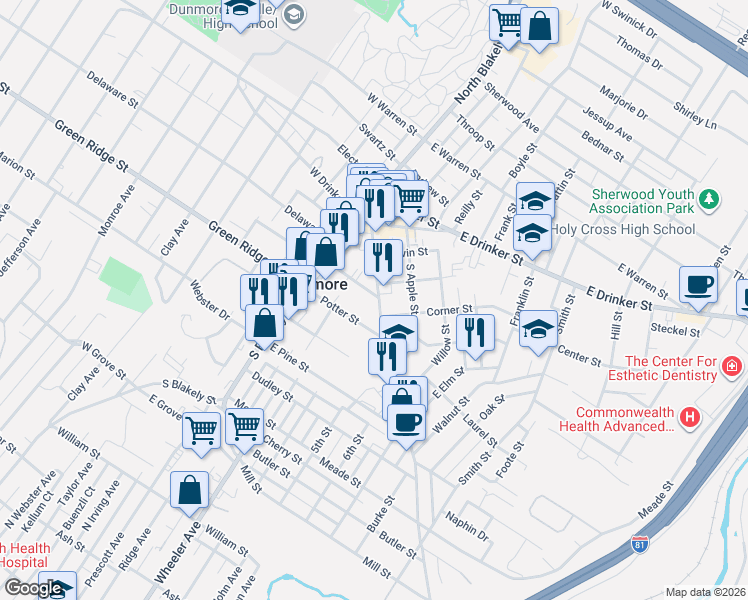 map of restaurants, bars, coffee shops, grocery stores, and more near Shoemaker Street in Dunmore