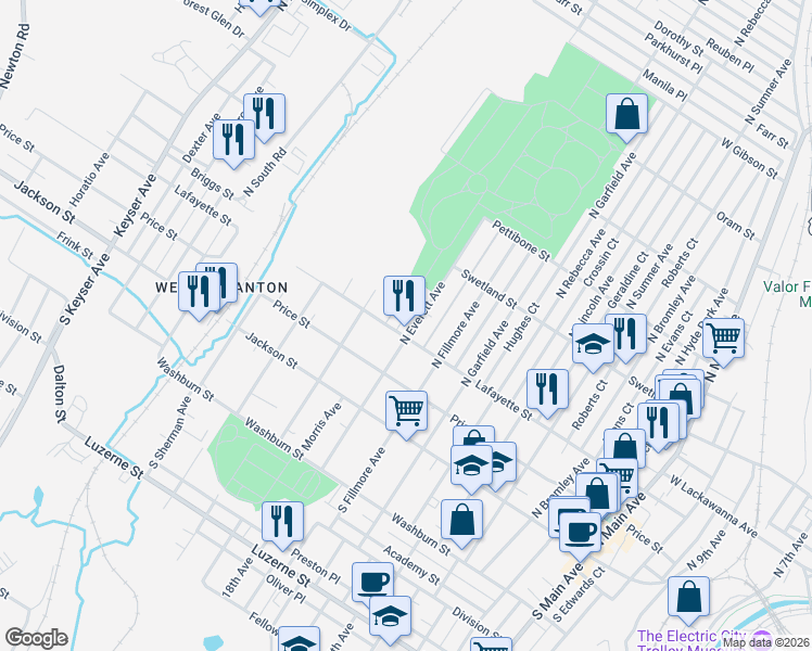 map of restaurants, bars, coffee shops, grocery stores, and more near 317 North Everett Avenue in Scranton