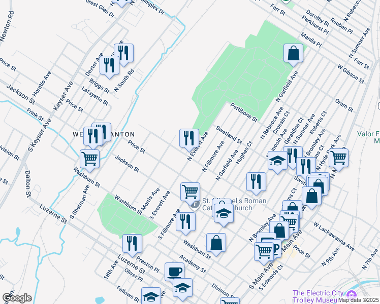 map of restaurants, bars, coffee shops, grocery stores, and more near 317 North Everett Avenue in Scranton
