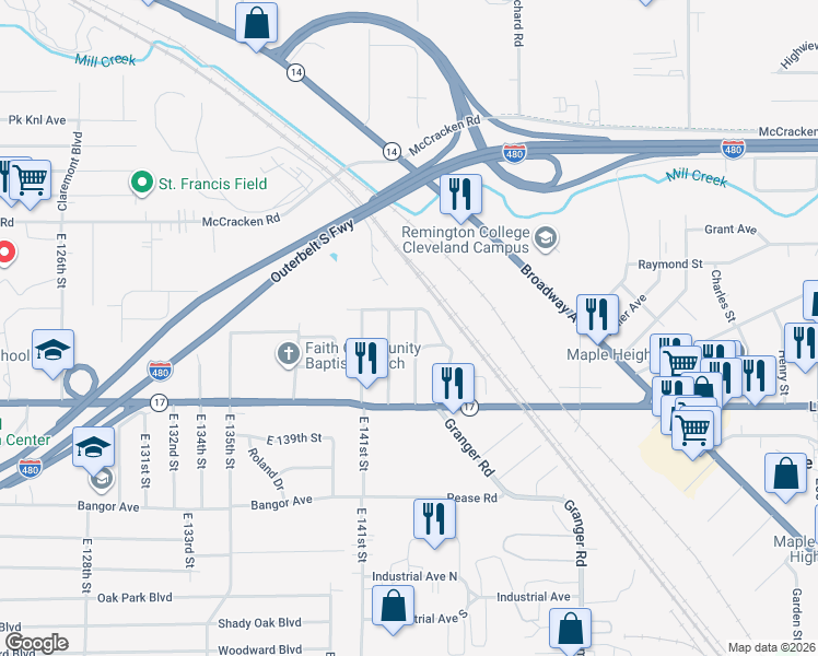 map of restaurants, bars, coffee shops, grocery stores, and more near 5198 Beech Avenue in Maple Heights
