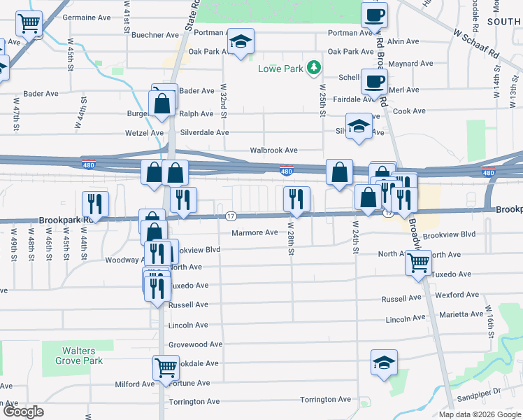 map of restaurants, bars, coffee shops, grocery stores, and more near 3000 Brookpark Road in Cleveland