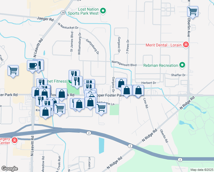 map of restaurants, bars, coffee shops, grocery stores, and more near 1814 South Nantucket Drive in Lorain