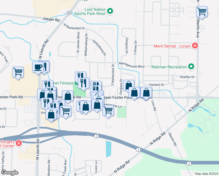 map of restaurants, bars, coffee shops, grocery stores, and more near 1814 South Nantucket Drive in Lorain