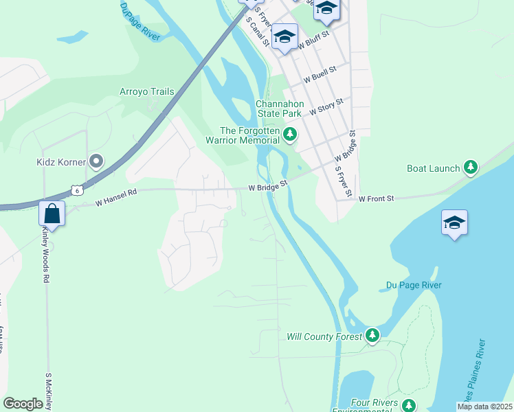 map of restaurants, bars, coffee shops, grocery stores, and more near 25461 West Bridge Street in Channahon