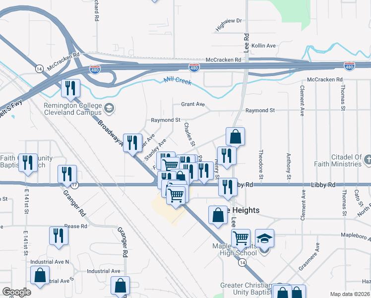 map of restaurants, bars, coffee shops, grocery stores, and more near 15925 Friend Avenue in Maple Heights