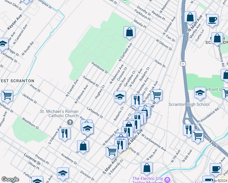 map of restaurants, bars, coffee shops, grocery stores, and more near 511 North Lincoln Avenue in Scranton