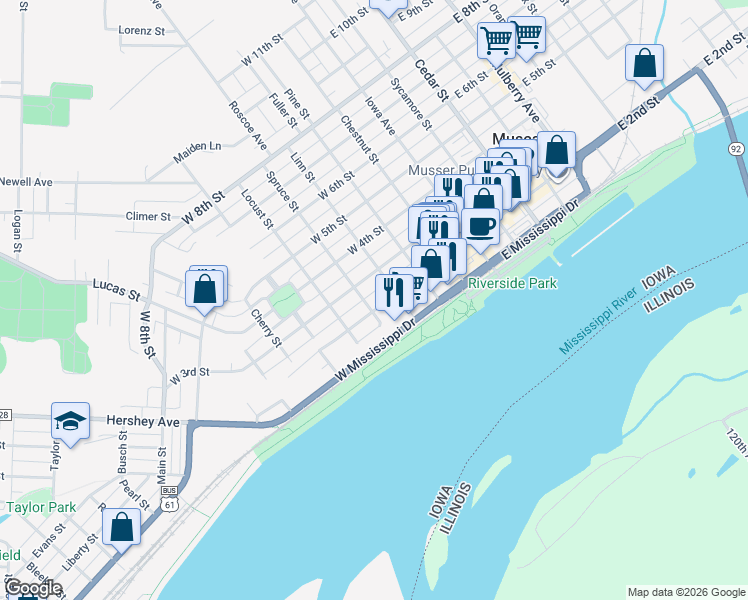 map of restaurants, bars, coffee shops, grocery stores, and more near 415 W 2nd St in Muscatine