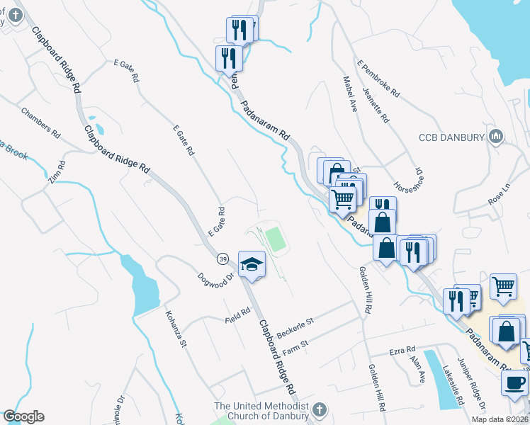 map of restaurants, bars, coffee shops, grocery stores, and more near 13 Eastwood Road in Danbury