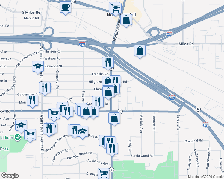 map of restaurants, bars, coffee shops, grocery stores, and more near 5195 Northfield Road in Bedford Heights