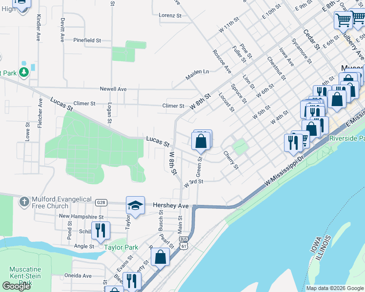 map of restaurants, bars, coffee shops, grocery stores, and more near 1407 Lucas Street in Muscatine