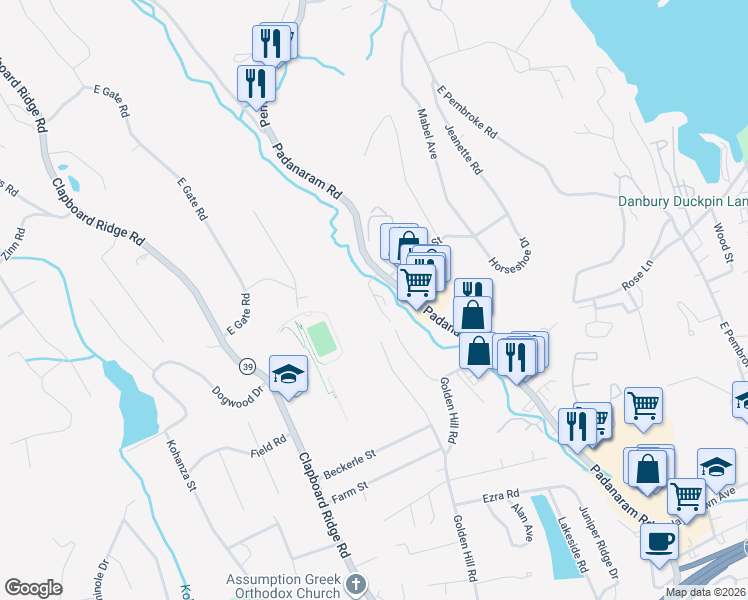 map of restaurants, bars, coffee shops, grocery stores, and more near 60 Padanaram Road in Danbury