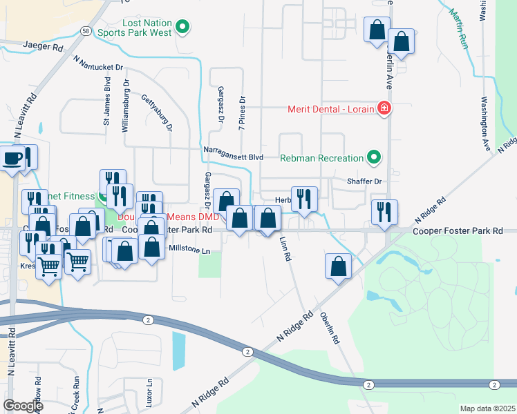 map of restaurants, bars, coffee shops, grocery stores, and more near 1525 Herbert Drive in Lorain