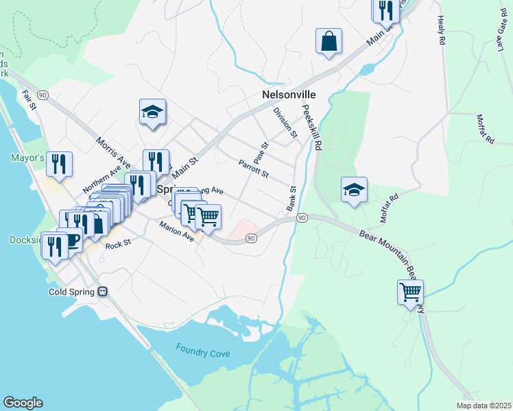 map of restaurants, bars, coffee shops, grocery stores, and more near 56 Paulding Avenue in Cold Spring