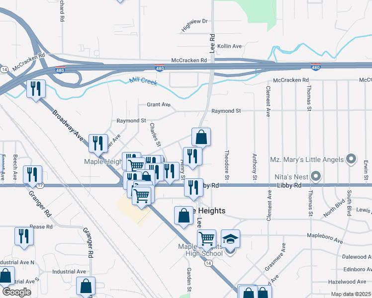map of restaurants, bars, coffee shops, grocery stores, and more near 5195 Henry Street in Maple Heights
