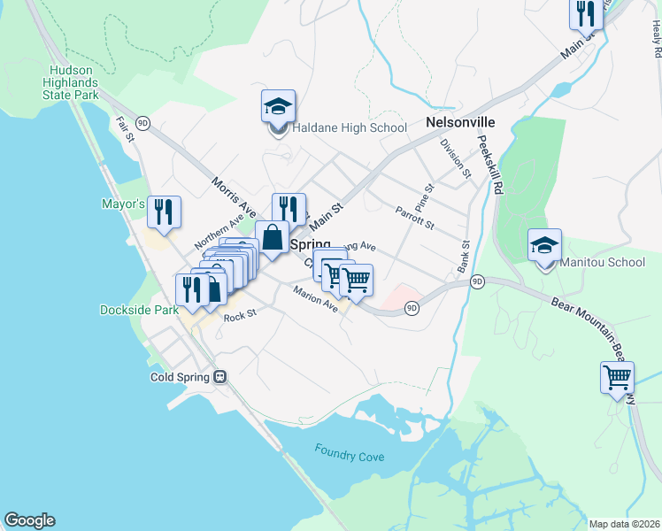 map of restaurants, bars, coffee shops, grocery stores, and more near 6 Paulding Avenue in Cold Spring