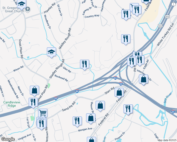 map of restaurants, bars, coffee shops, grocery stores, and more near 16 Cambridge Drive in Danbury