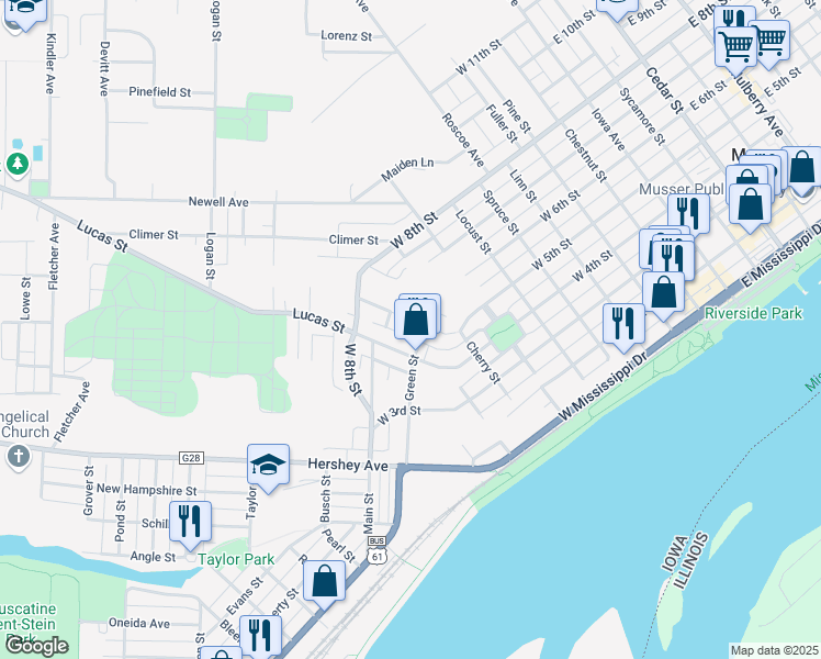 map of restaurants, bars, coffee shops, grocery stores, and more near 939 Whicher Street in Muscatine
