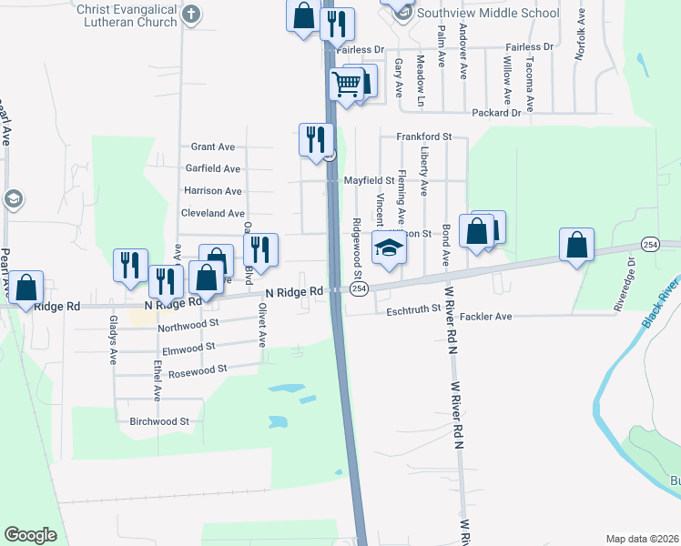 map of restaurants, bars, coffee shops, grocery stores, and more near 5400 Ridgewood Street in Lorain