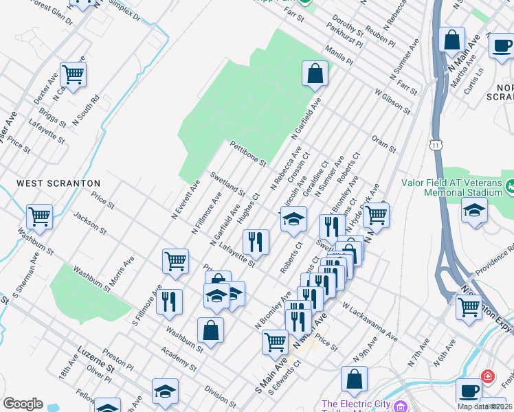 map of restaurants, bars, coffee shops, grocery stores, and more near 371 North Rebecca Avenue in Scranton