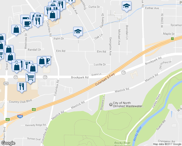 map of restaurants, bars, coffee shops, grocery stores, and more near 4823 Grace Road in North Olmsted