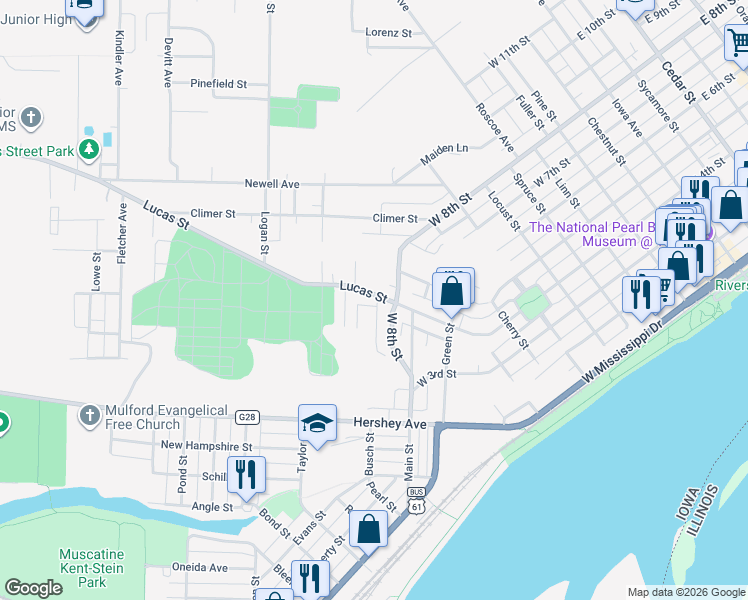 map of restaurants, bars, coffee shops, grocery stores, and more near 1514 Lucas Street in Muscatine