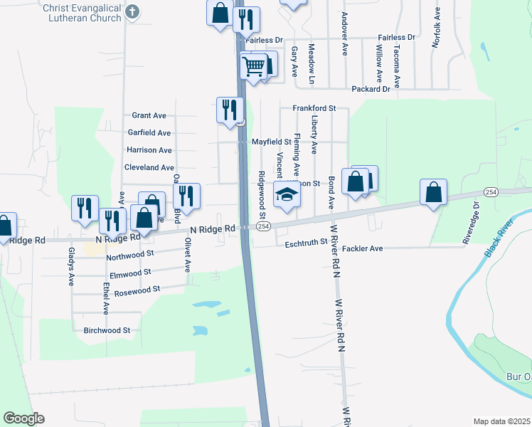 map of restaurants, bars, coffee shops, grocery stores, and more near 5443 Ridgewood Street in Lorain