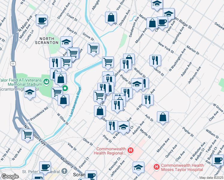 map of restaurants, bars, coffee shops, grocery stores, and more near 934 Capouse Avenue in Scranton