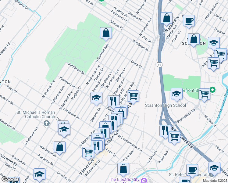 map of restaurants, bars, coffee shops, grocery stores, and more near 601 North Bromley Avenue in Scranton
