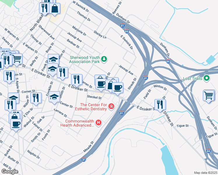 map of restaurants, bars, coffee shops, grocery stores, and more near 122 Gibbons St in Dunmore