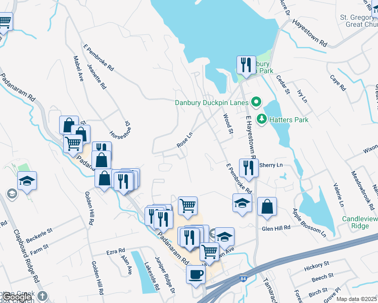 map of restaurants, bars, coffee shops, grocery stores, and more near 14 Rose Lane in Danbury