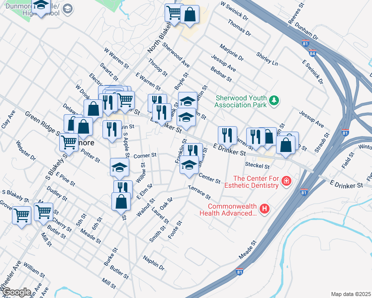 map of restaurants, bars, coffee shops, grocery stores, and more near 123 1/2 Franklin Street in Dunmore
