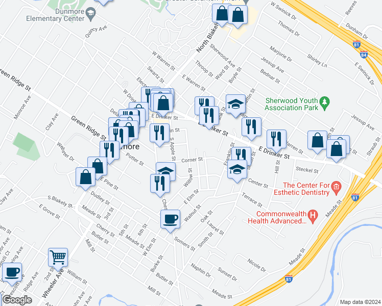 map of restaurants, bars, coffee shops, grocery stores, and more near 312 Willow Street in Dunmore