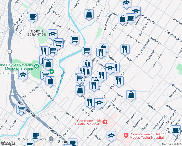 map of restaurants, bars, coffee shops, grocery stores, and more near in Scranton