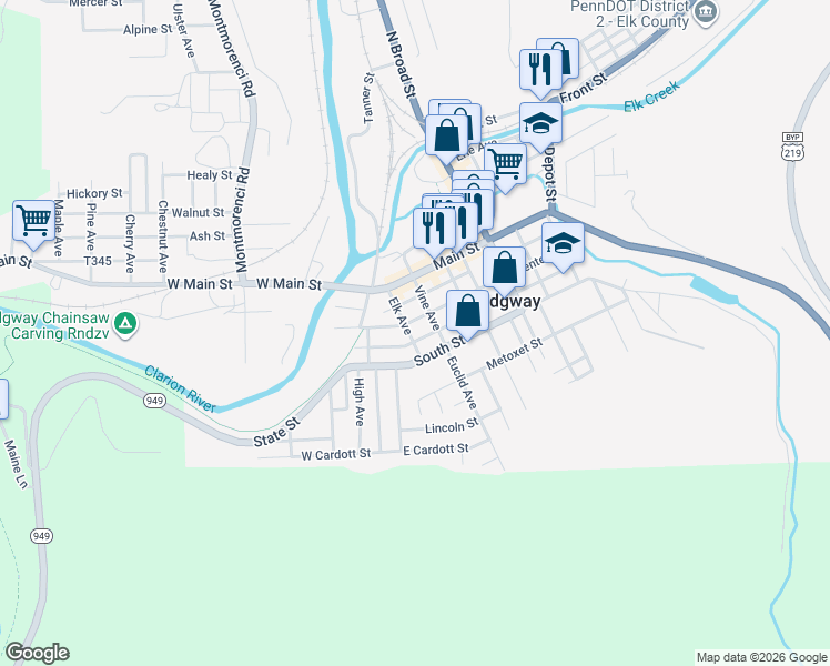 map of restaurants, bars, coffee shops, grocery stores, and more near Long Street in Ridgway